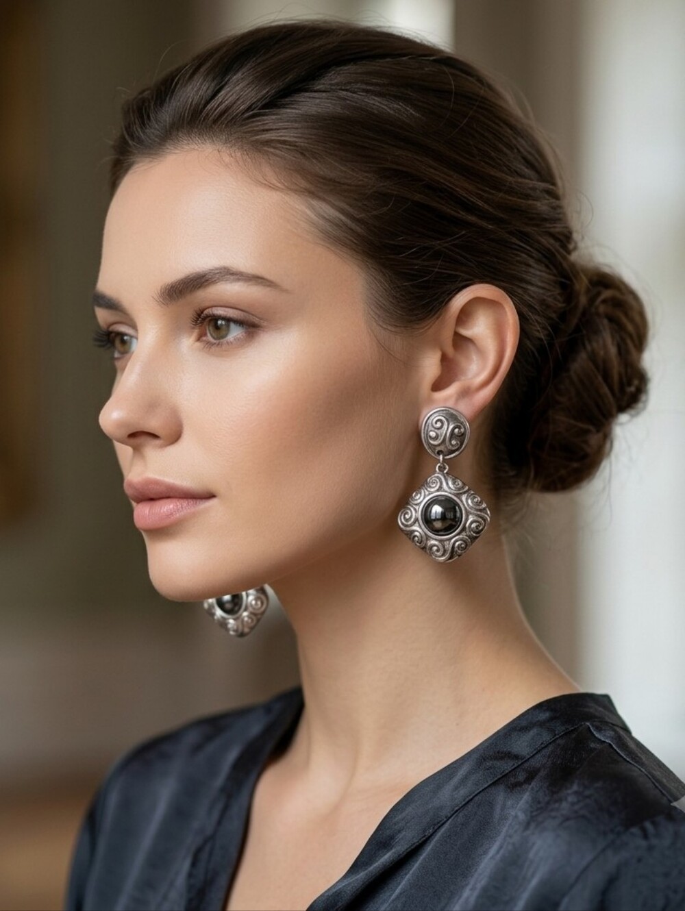 Vintage Silver Ornate Scroll Dangle Drop Earrings Black Cabochon Statement